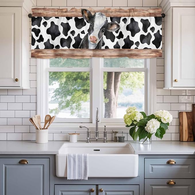Cow Printed Curtain Valances for Windows, Kitchen Valance Window Treatment - Image 2