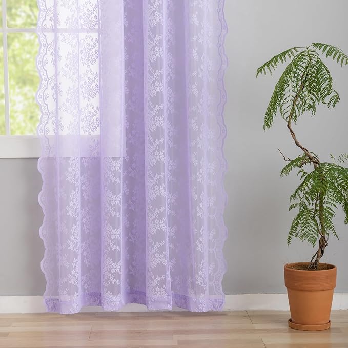 YJ YANJUN Vintage Lace Curtains 72 Inches Long-Victorian Floral Pattern Lavender Sheer Curtain Panels for Living Room Bedroom, Romantic Girls Room Decor 2 Panels 52W x 72L Light Purpel