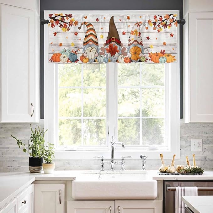 Fall Gnomes Kitchen Curtain Set, Thanksgiving Maple Leaf Grey Wood Grain Window - Image 3
