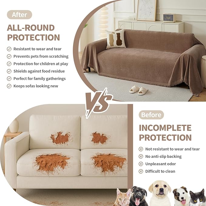 Couch Cover for Dogs, Boho Sofa Covers for 3 Cushion Couch, Chenille Sofa Slipcover for Pets Washable, L-Shape Sectional Couch Loveseat Cover Soft Throw Blankets with Tassels(71x134,Coffee)