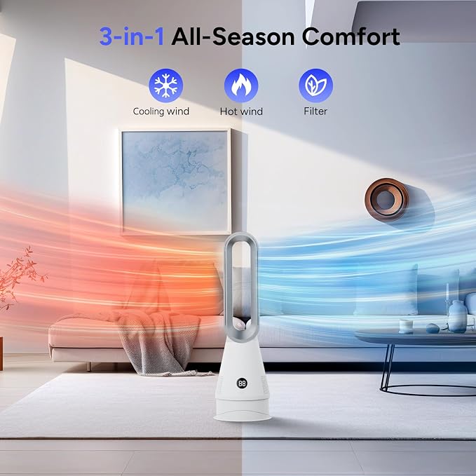 Bladeless Heater Fan, 25inch Heating & Cooling & Filter Combo Tower Fan 80° - Image 6