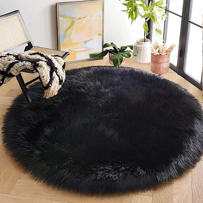 ORINOVA Black Fluffy Faux Fur Rug for Living Room Shag Circle Washable Area Rugs for Bedroom Round Rug 4ft Cute Room Décor