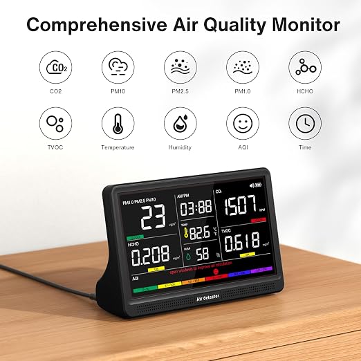 16 in 1 Air Quality Monitor Indoor 7" Display 9 AQI+7 AQI Alerts, CO2 Monitor - Image 2