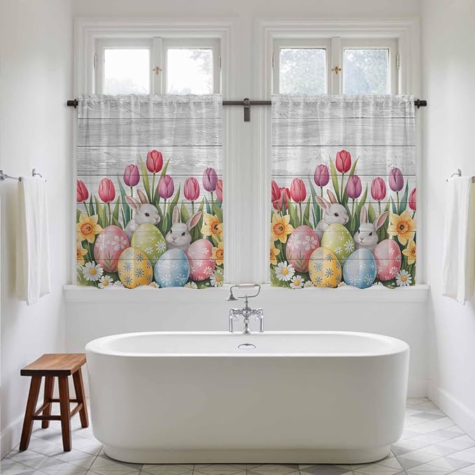 Easter Kitchen Curtains 45 Inch Long 2 Panel Set, Rod Pocket Window Treatment - Image 5