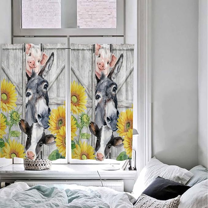 Farmhouse Kitchen Curtains 45 Inches length, Watercolor Sunflowers Animals - Image 5