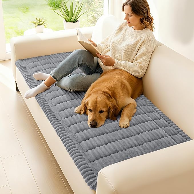 hyha Couch Covers for Dogs Washable, Non Slip Plush Dog Sofa Protectors, Fuzzy Pet Couch Covers for 3 Cushion Sofa Pet Friendly (Grey, 27.6" x 47")