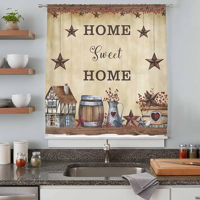 Farm Sheer Curtains 72 Inch Length American Country Barn Star Vintage Berry - Image 8