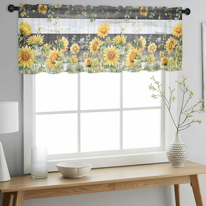 Summer Floral Sheer Valance Curtains, Watercolor Sunflower Eucalyptus Leaves - Image 3