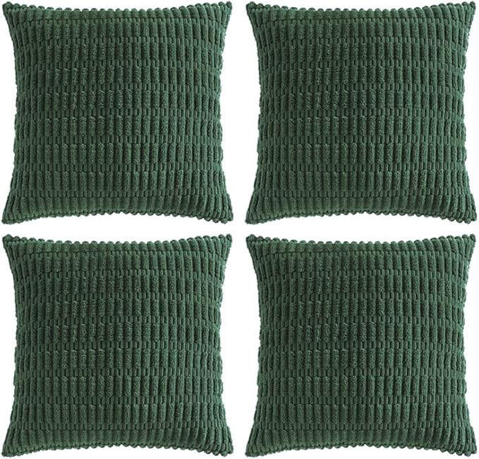 Fancy Homi Set of 4 Dark Green Boho Decorative Throw Pillow Covers 26x26 Inch for Couch Bed Sofa, Aesthetic Modern Bohemian Room Decor, Soft Fuzzy Fluffy Cozy Corduroy Textured Cushion Case 66x66cm