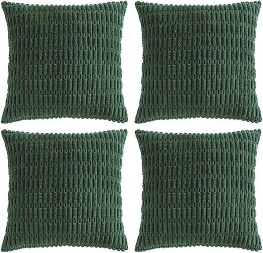 Fancy Homi Set of 4 Dark Green Boho Decorative Throw Pillow Covers 16x16 Inch for Couch Bed Sofa, Aesthetic Modern Bohemian Room Decor, Soft Fuzzy Fluffy Cozy Corduroy Textured Cushion Case 40x40cm