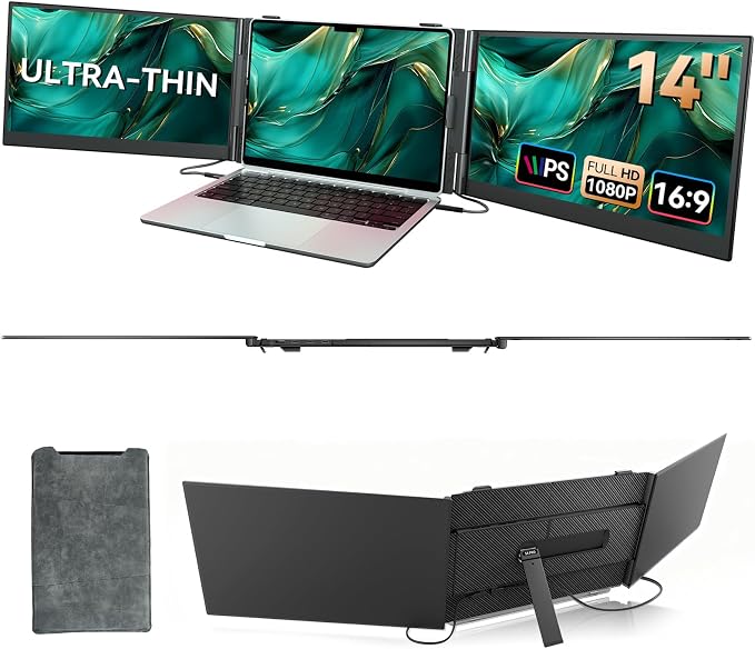 14" Triple Laptop Screen Extender, Ultra-Thin Lightweight FHD 1080P IPS by BKVOO