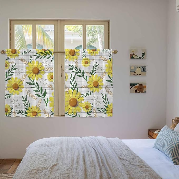 Yellow Daisy Kitchen Curtains, Farmhouse Country Flower Leaf Plant Wood Grain - Image 4