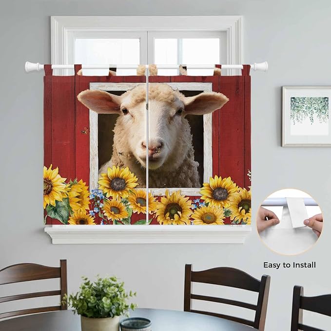 Sheep Sunflower Kitchen Curtains 45 Inch Length, Short Cafe Window Curtains Tab - Image 4
