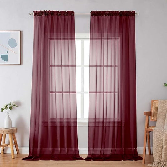 Simplebrand Burgundy Red Sheer Curtains 96 Inches Long, Light Filtering Rod Pocket Solid Color Window Sheer Curtain Panels, Elegant Curtains & Drapes for Living Room, Bedroom 2 Panels, 59" W x 96" L
