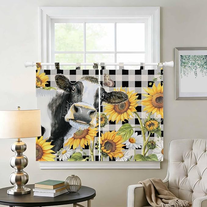 Retro Sunflowers Kitchen Curtains 45 Inch Length, Short Cafe Window Curtains - Image 2