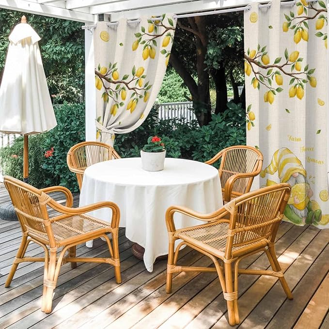 Summer Outdoor Curtains for Patio Lemon Gnome Leaf Linen Texture Waterproof - Image 4