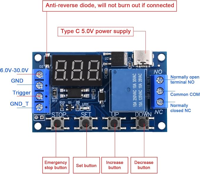 2Pcs 5V Type-C Timer Relay DC 6-30V Programmable Cycle Delay Timer Switch Module - Image 4