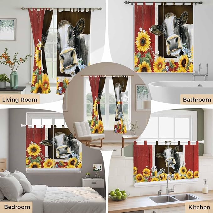 Cows Sunflowers Kitchen Curtains 24 Inch Length, Small Window Curtains Tab Top - Image 7