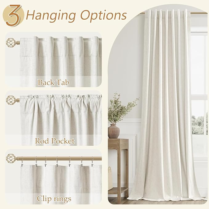 Guken Cream 100% Blackout Linen Curtains 42 Inch Wide by 108 Inch for Living Room Bedroom Back Tab Rod Pocket Thermal Insulated Black Out Drapes Room Darkening Farmhouse Window Curtains,42x108