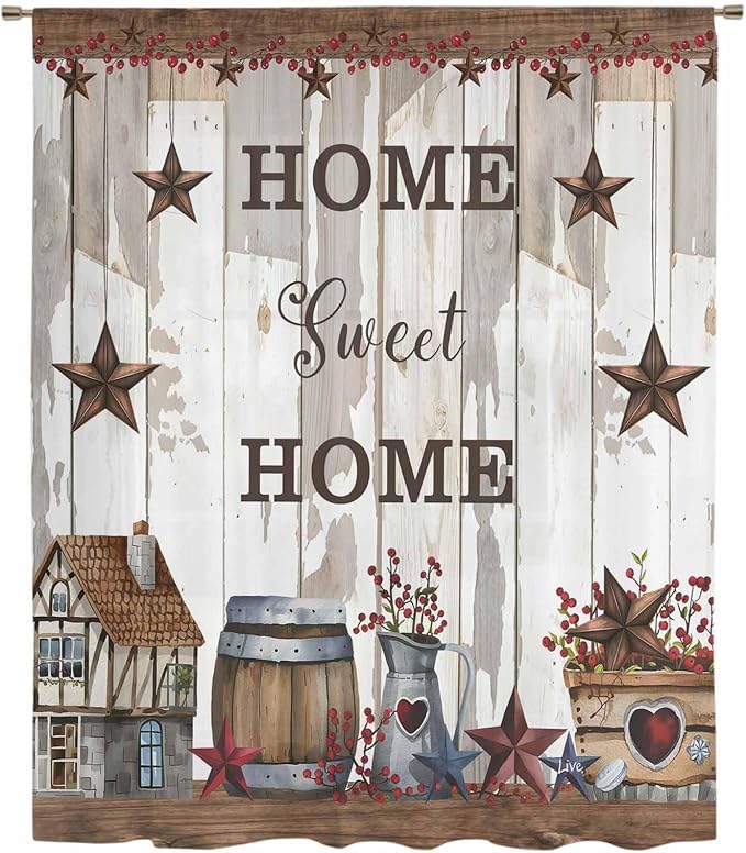 Farmhouse Sheer Curtains 54 Inch Length Retro Country Star Berry Vintage Wood - Image 6