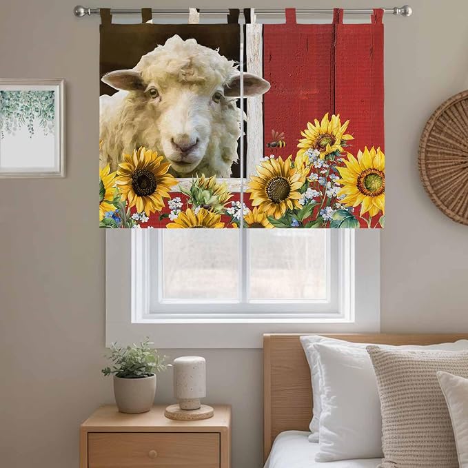 Sheep Flowers Kitchen Curtains 45 Inch Length, Short Cafe Window Curtains Tab - Image 9