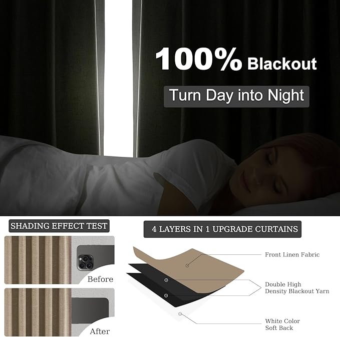 Topfinel Extra Long 120 Inch Blackout Curtains for Large Window Treatment Fall Farmhouse Thick Linen Texture Sound Proof Drapes Room Divider Pleat Ceiling Track Burg Bedroom 10Ft(W52 xL132 2 Panels)