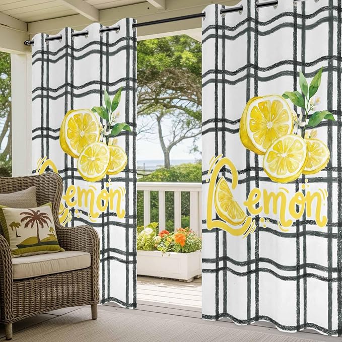 Lemon Outdoor Curtains for Patio Lemon Leaves Summer Plaid Buffalo Waterproof - Image 5