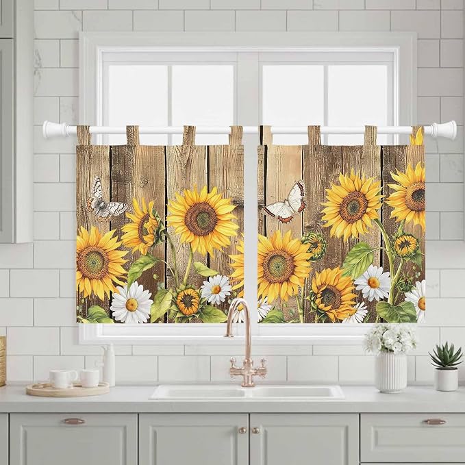 Farmhouse Sunflowers Kitchen Curtains 24 Inch Length, Small Window Curtains Tab - Image 3