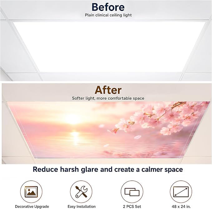 2 Pack Sunset Cherry Blossom Decorative Ceiling Light Covers, Magnetic 4x2 Ft - Image 5