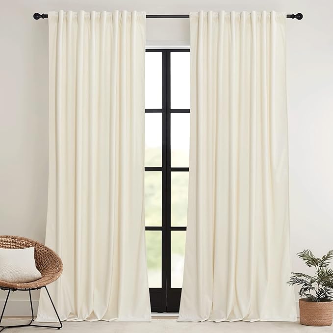 RYB HOME Ivory White Velvet Curtains 63 inches with Hook Belt, Soft Fabric Room Darkening Thermal Insulated Luxurious Home Decor Curtains for Living Room Bedroom, W 42" x L 63", 2 Panels Set