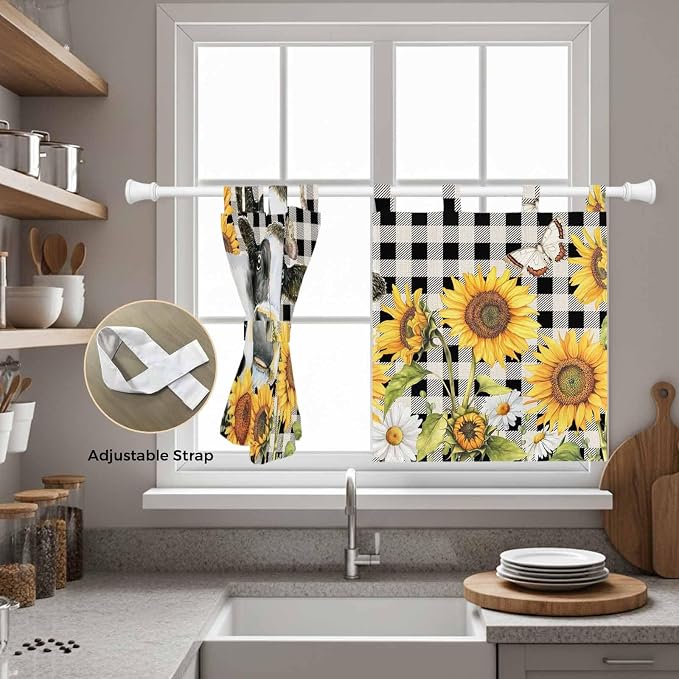 Retro Sunflowers Kitchen Curtains 24 Inch Length, Small Window Curtains Tab Top - Image 5