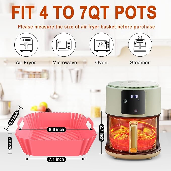 3 Pcs Silicone Air Fryer Liners Square Airfryer Liners 4-7 QT 7.1 Inch Reusable - Image 6