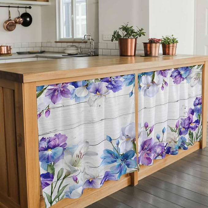 Spring Flowers Tier Curtains, Watercolor Garden Florals Wooden Grain Light - Image 7