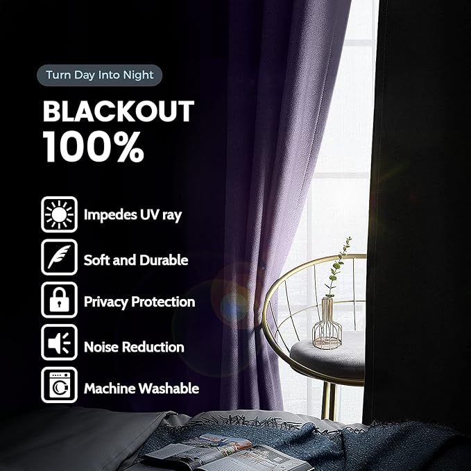 SimpleHome 100% Blackout Curtains for Bedroom,Thermal Insulated Grommet Window Drapes Room Darkening Lilac Curtains for Living Room with Black Back,42 x 84 Inch,2 Panels