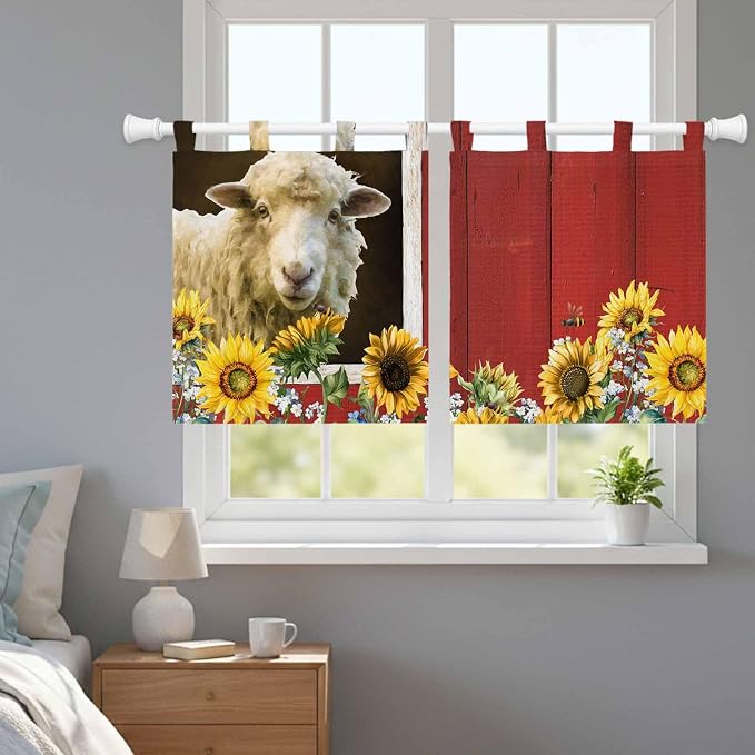 Sheep Flowers Kitchen Curtains 36 Inch Length, Small Window Curtains Tab Top - Image 9