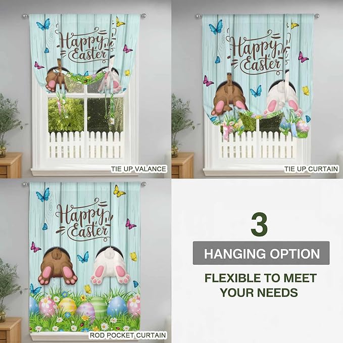 Tie Up Curtains, Happy Easter Bunny Butt Egg Floral Adjustable Rod Pocket - Image 8