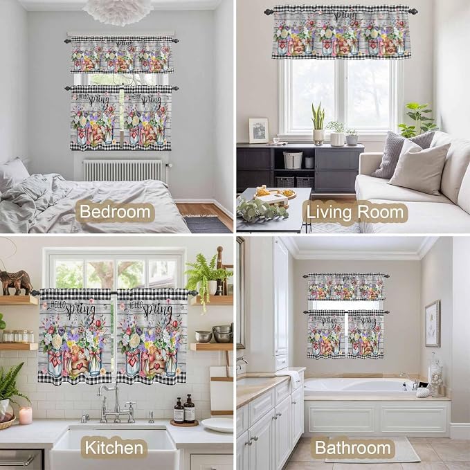 Kitchen Curtains Tiers and Valance Set of 3, Spring Flowers Light Filtering - Image 7
