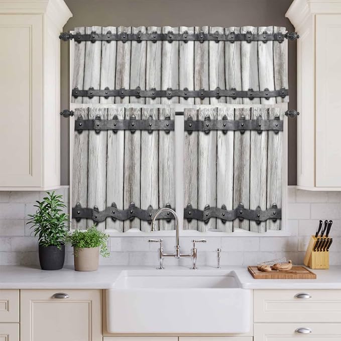 Farmhouse Rustic Kitchen Curtain Set, Vintage Country Wooden Grain Window - Image 3