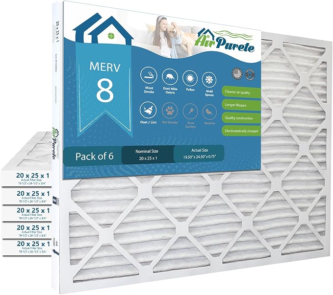 AirPurete 20x25x1 HVAC Furnace Air Filters | Actual Size: 19-1/2" x 24-1/2" x by AirPurete