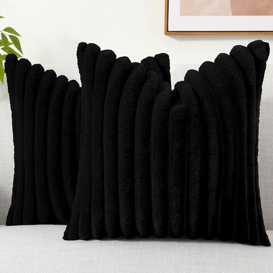 decorUhome Cozy Faux Fur Throw Pillow Covers 24x24 Set of 2 Decorative Soft Plush Striped Modern Farmhouse Boho Couch Euro Sham Pillow Cases with Velvet Back for Sofa Bed Living Room, Black