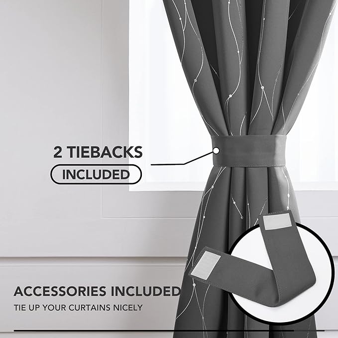 Deconovo Blackout Curtain, Grey Curtains, Thermal Insulated Soundproof Grommet Drapes, Silver Wave Dots Foil Print, 42 x 84 Inch, 2 Panels, Machine Washable Window Panel for Living Room Bedroom Office