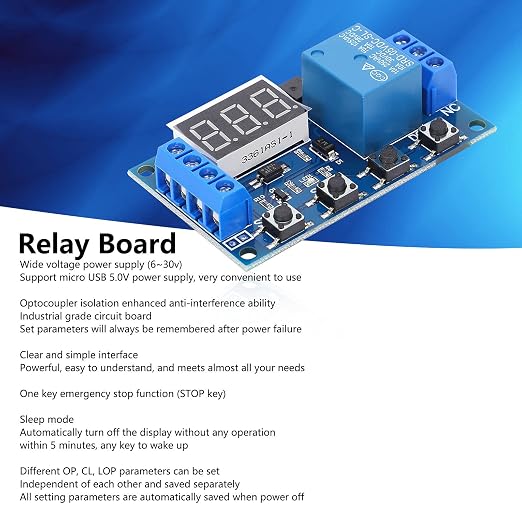 Fafeicy Relay Module, Delay Cycle Timing Circuit Switch, LCD Display, Micro USB - Image 4
