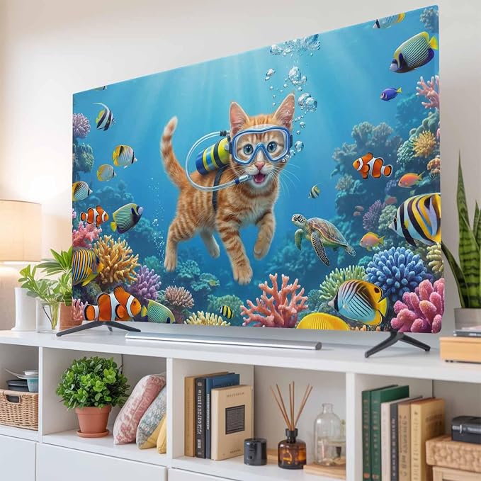 Ocean Diving Cat Coral Fish Indoor TV Cover, Elastic TV Screen Protector Funny - Image 6