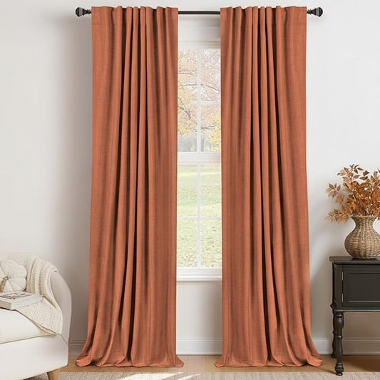 100% Blackout Shield Linen Blackout Curtains for Bedroom 102 Inches Long, Back Tab/Rod Pocket Living Room Drapes, Thermal Insulated Blackout Curtains 2 Panels Set, 50" W x 102" L, Burnt Orange