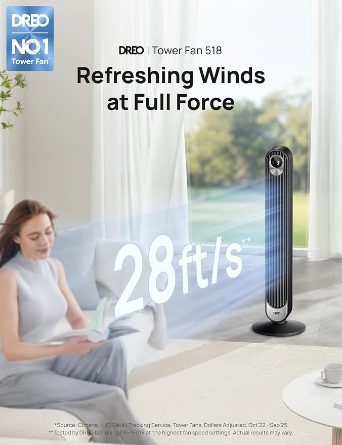 DREO Tower Fan for Bedroom, 28 ft/s, 20dB Quiet Fans that Blow Cold Air - Image 2