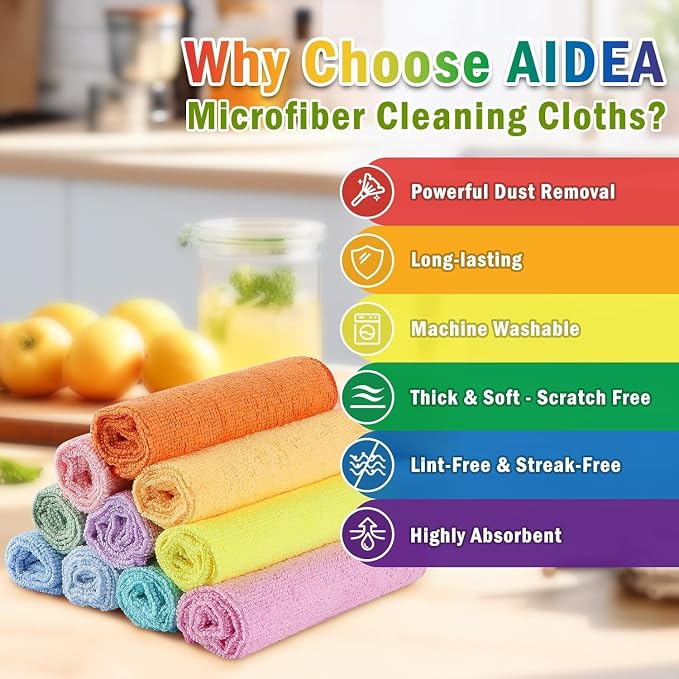 AIDEA Microfiber Cleaning Cloth, Lint-Free Vibrant Cleaning Rags, Microfiber - Image 2