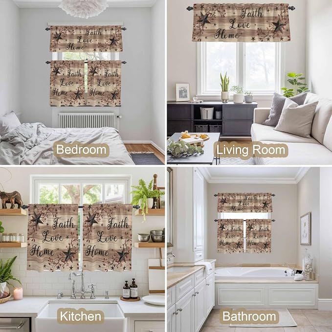 Kitchen Curtains Tiers and Valance Set of 3, Farmhouse Star Brown Light - Image 7