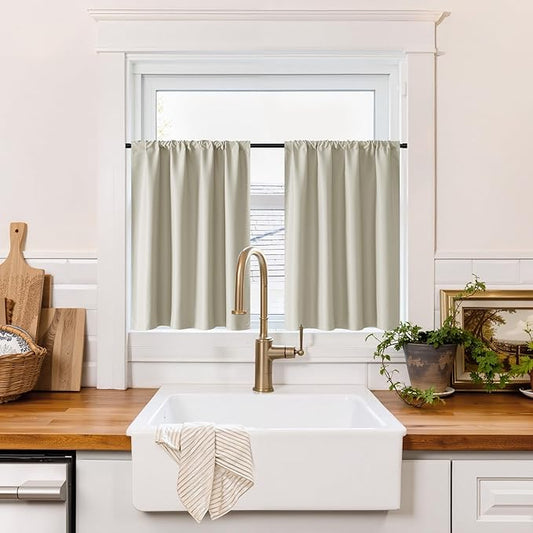 RYB HOME 100% Blackout Bathroom Curtains Over Sink 30 inches Long, Heat & UV Blocking Total Room Darkening Noise Reducing Curtains for Basement RV Campers, Natural, 2 Panels Set