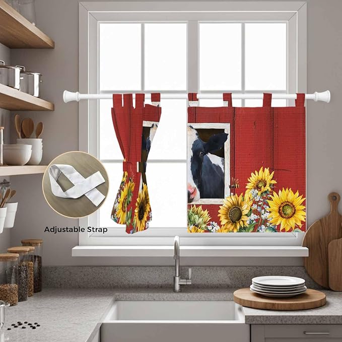 Cow Sunflowers Kitchen Curtains 36 Inch Length, Small Window Curtains Tab Top - Image 5