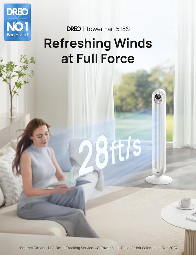 DREO Smart Tower Fan for Bedroom, Floor Standing Bladeless Oscillating Fan - Image 3